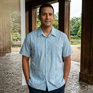 Romani Guayabera Style Men's Shirt, Short Sleeves, Button Down, Blue, Size XL